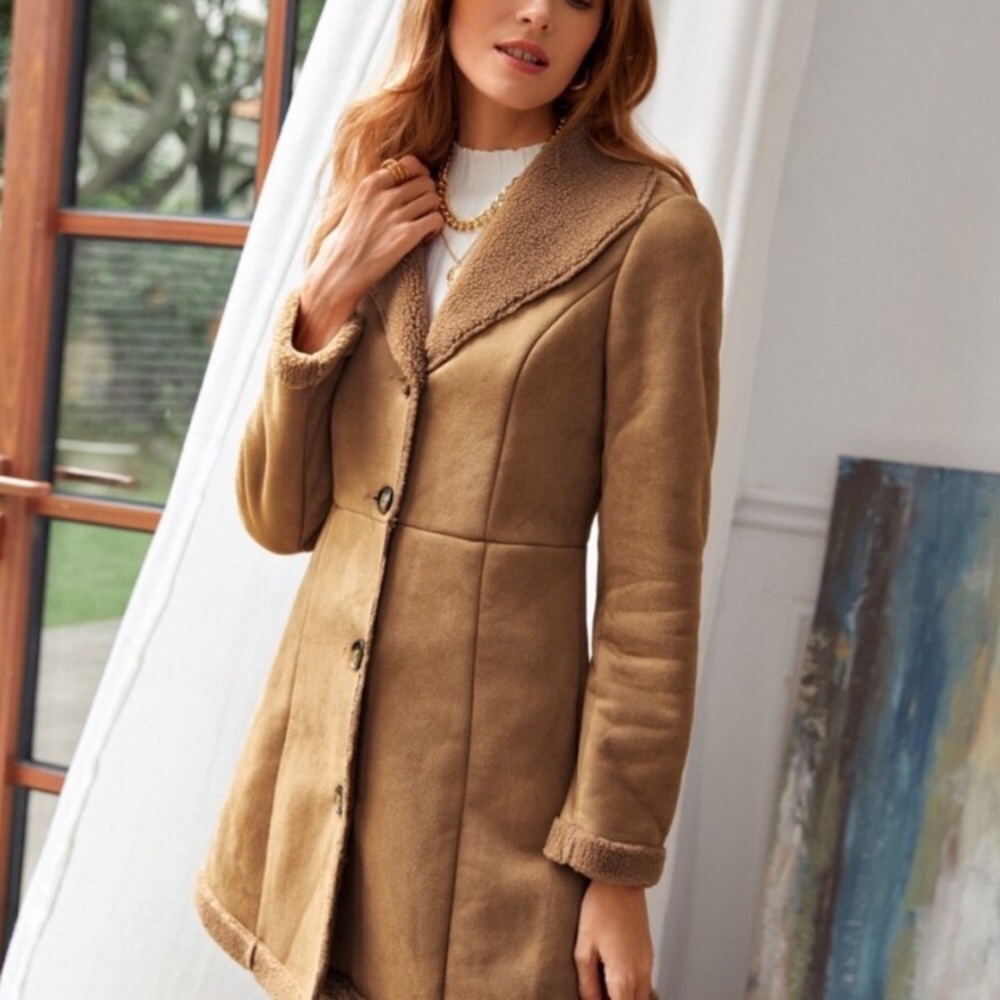 Camel shearling lined button down vegan fur trench coat jacket - Picture 7 of 9